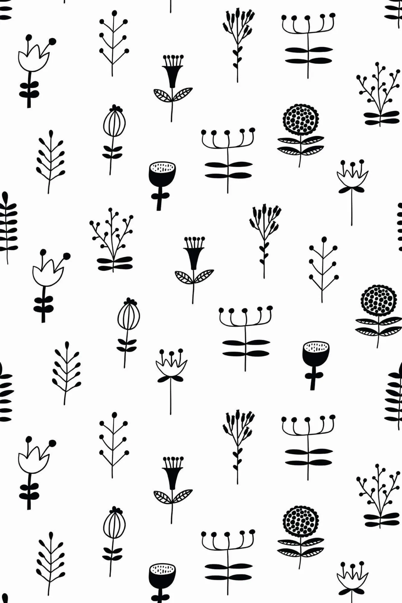 Scandinavian floral nursery wallpaper pattern close-up: small black line-drawn flowers and stems are spaced across white