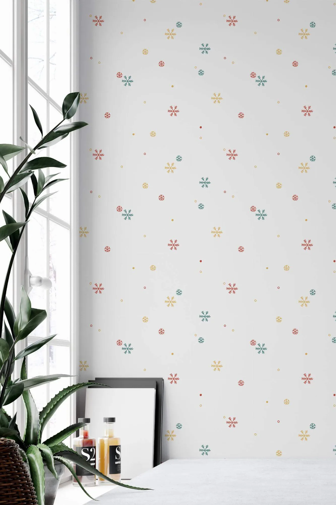 Snowflake wallpaper in a room setting: minimal snowflake pattern; neutral enough to live beyond December