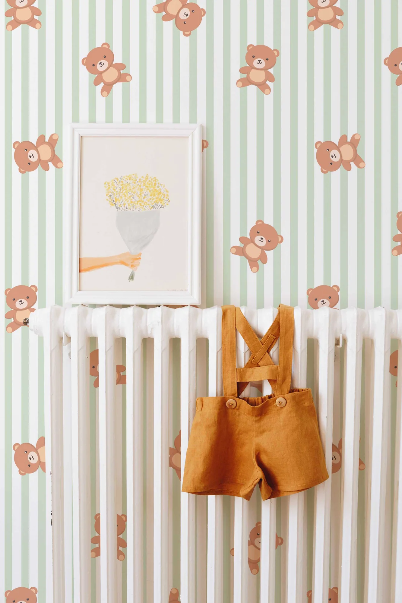Teddy Bear Striped wallpaper in a room setting: teddy bears on gentle beige stripes in a sage palette