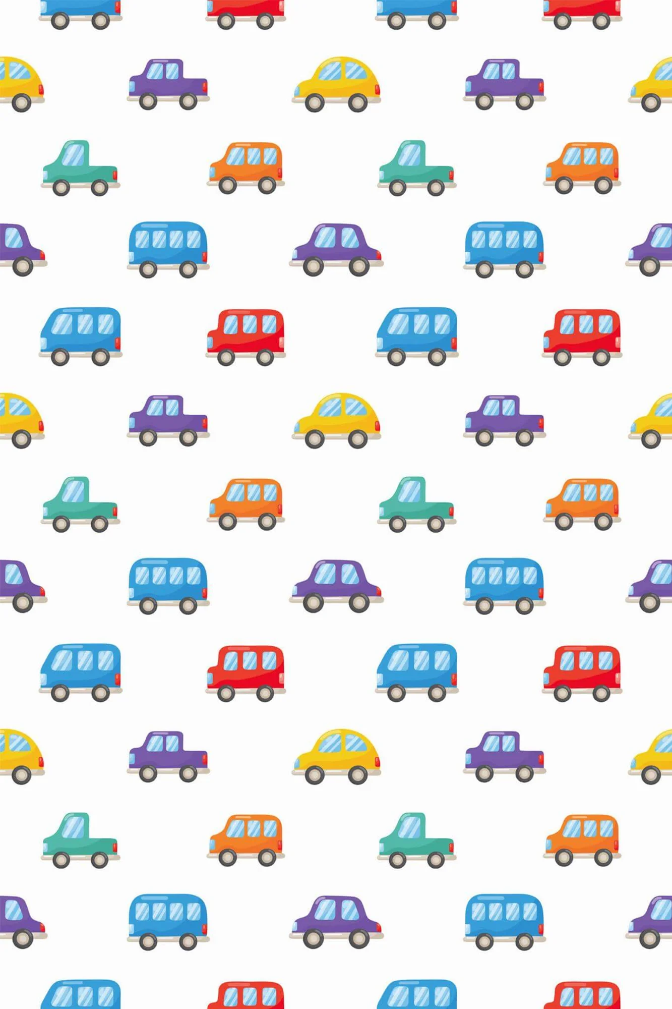 Toy car wallpaper pattern close-up: cheerful little cars with sunny yellow accents on white