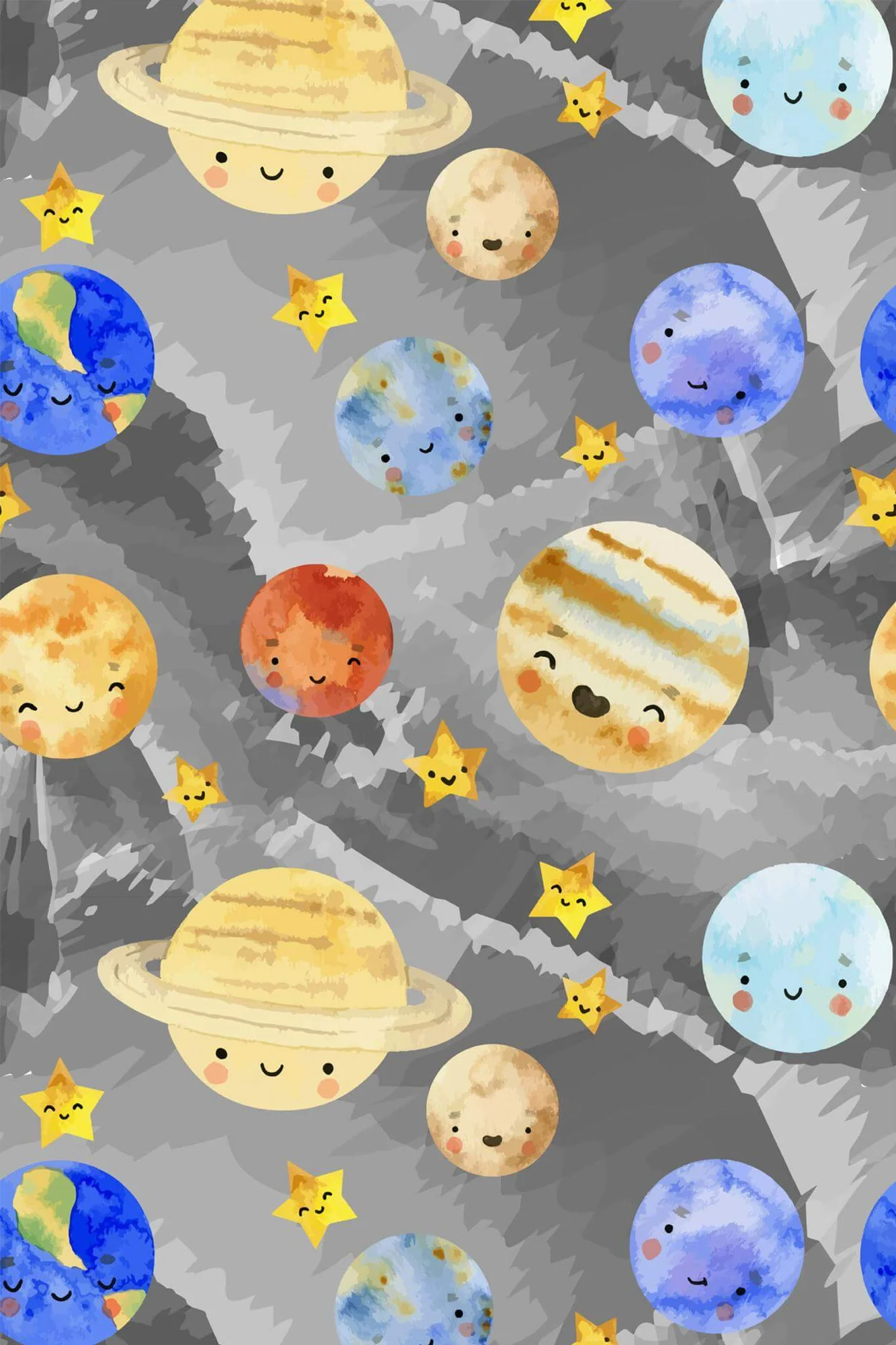 Watercolor solar system wallpaper pattern close-up: smiling planets and stars in a loose watercolor solar system on warm gray