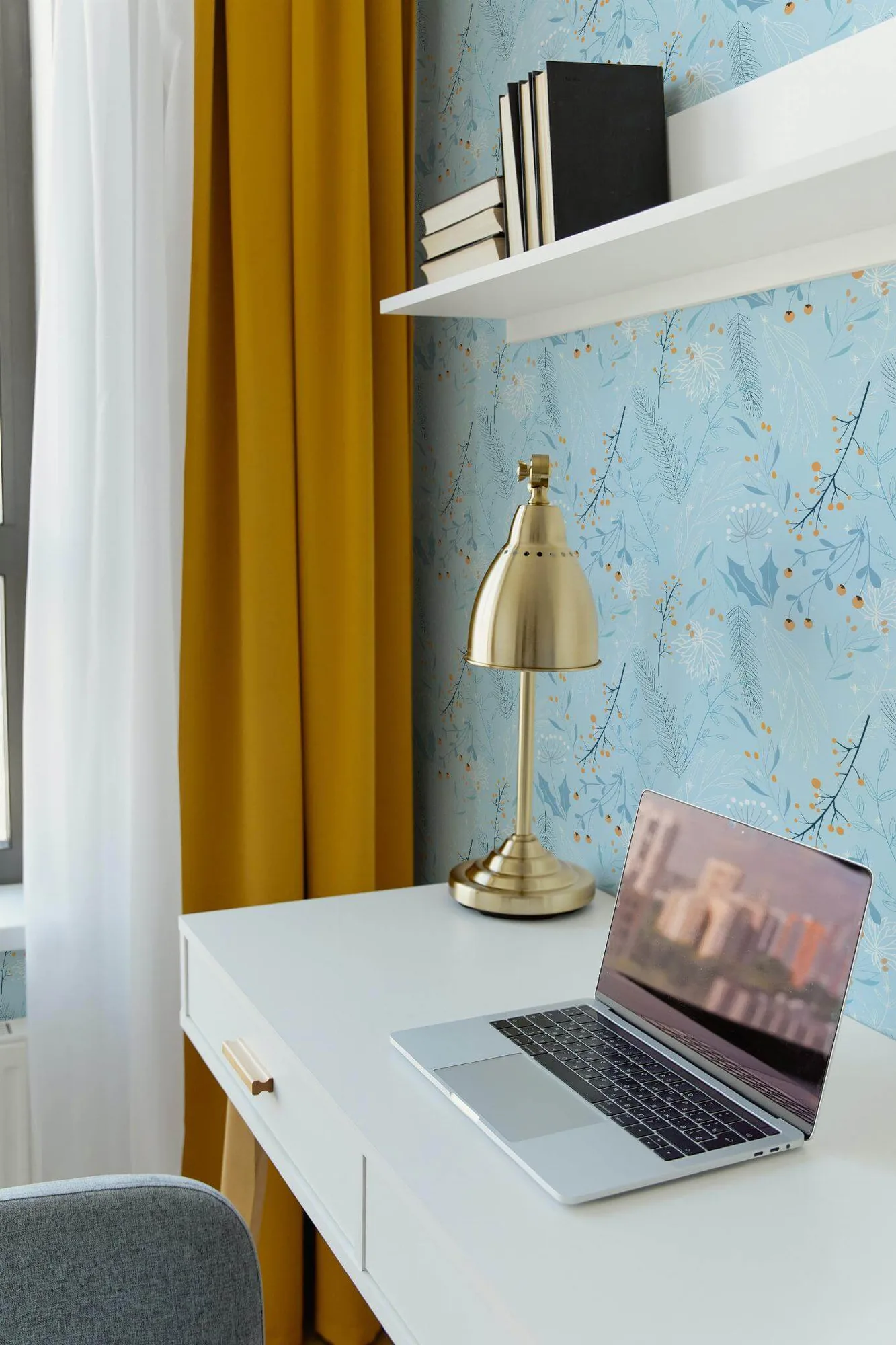 Winter floral wallpaper in a room setting: scandinavian winter flowers in muted tones