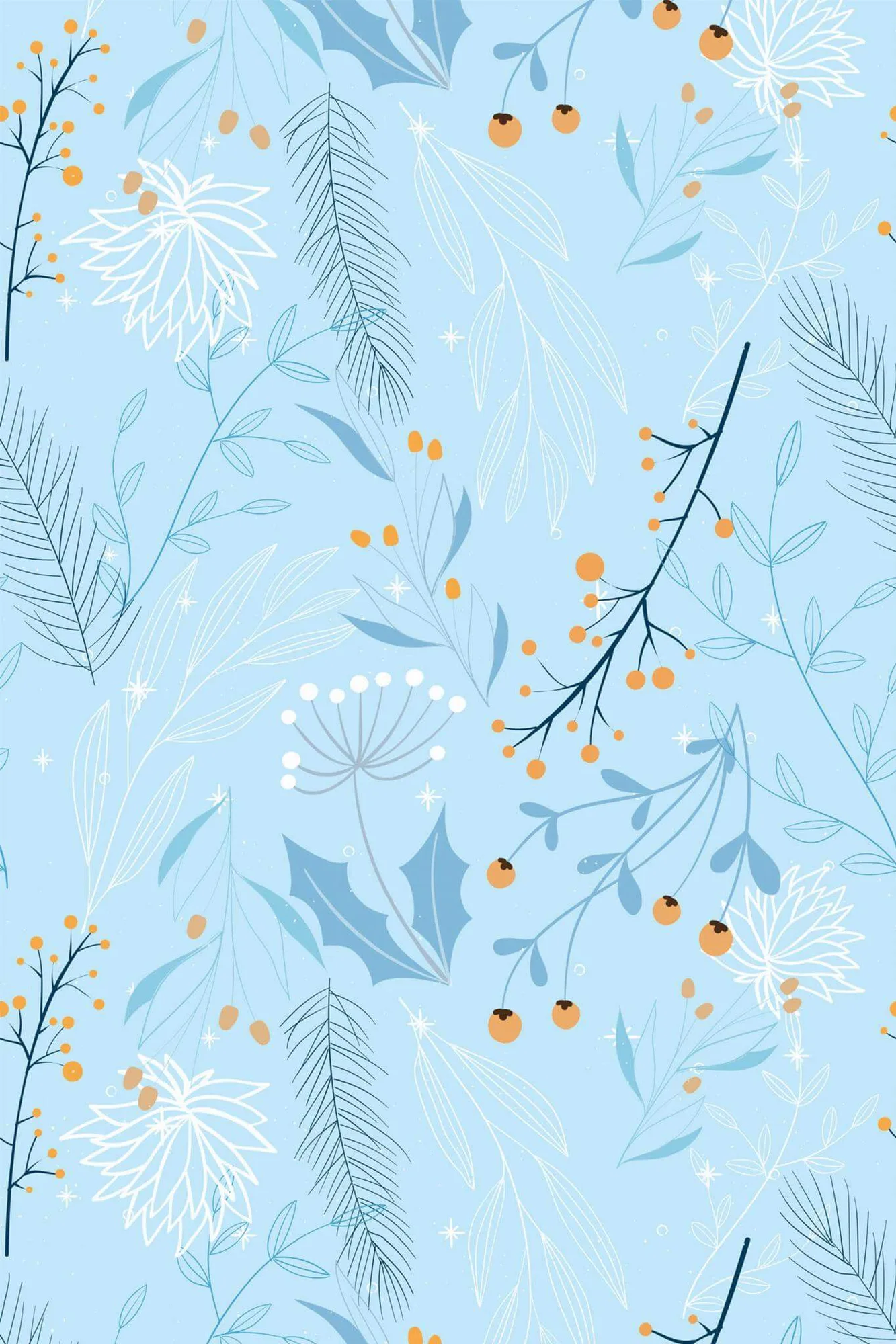 Winter floral wallpaper pattern close-up: scandinavian winter flowers in muted tones