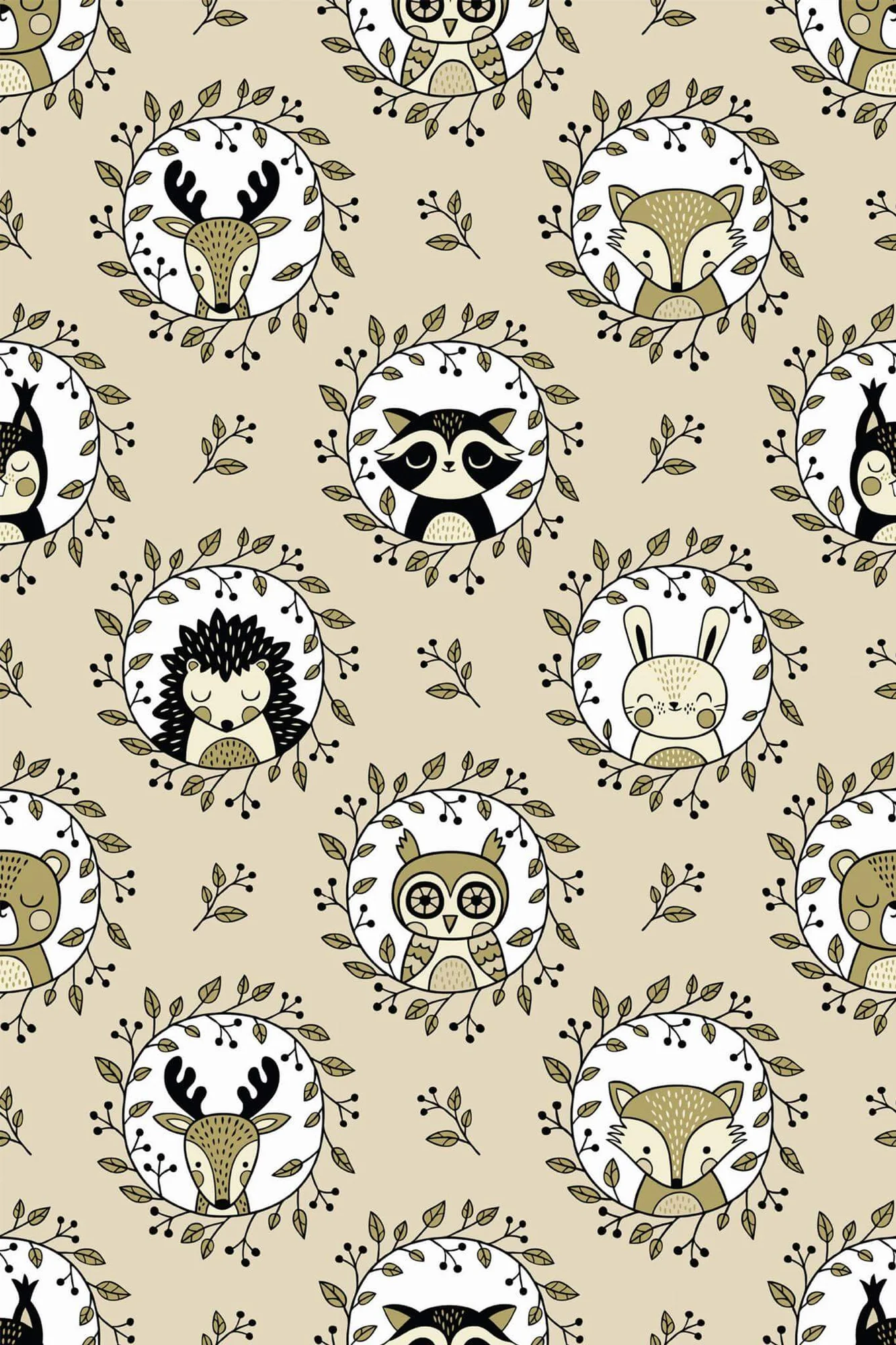 Woodland nursery wallpaper pattern close-up: woodland creatures gathered in leafy wreaths on a warm beige ground